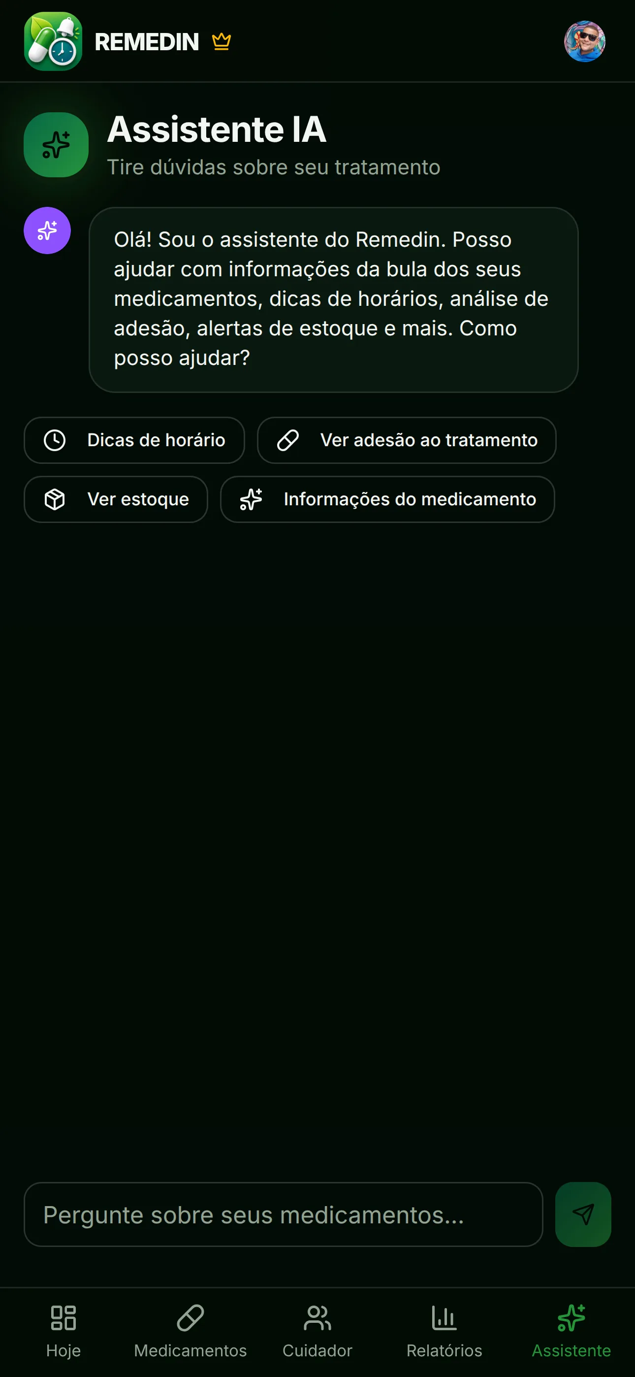 Tela inicial do Assistente IA do Remedin com sugestões de perguntas
